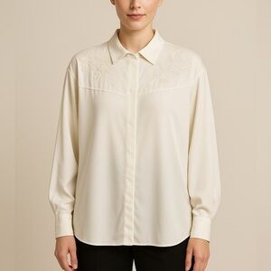 Vintage Silky Embroidered Beaded Button Down Long Sleeve Blouse Shirt Top Ivory